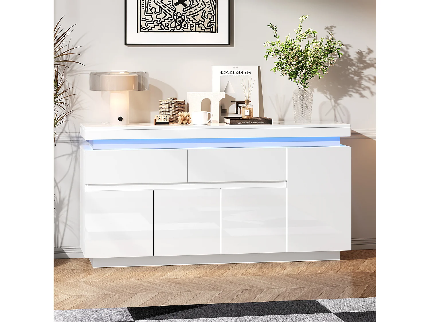 Buffet 140x35x72,5 cm - 2 gavetas e 4 portas - iluminação LED - painéis de partículas - branco