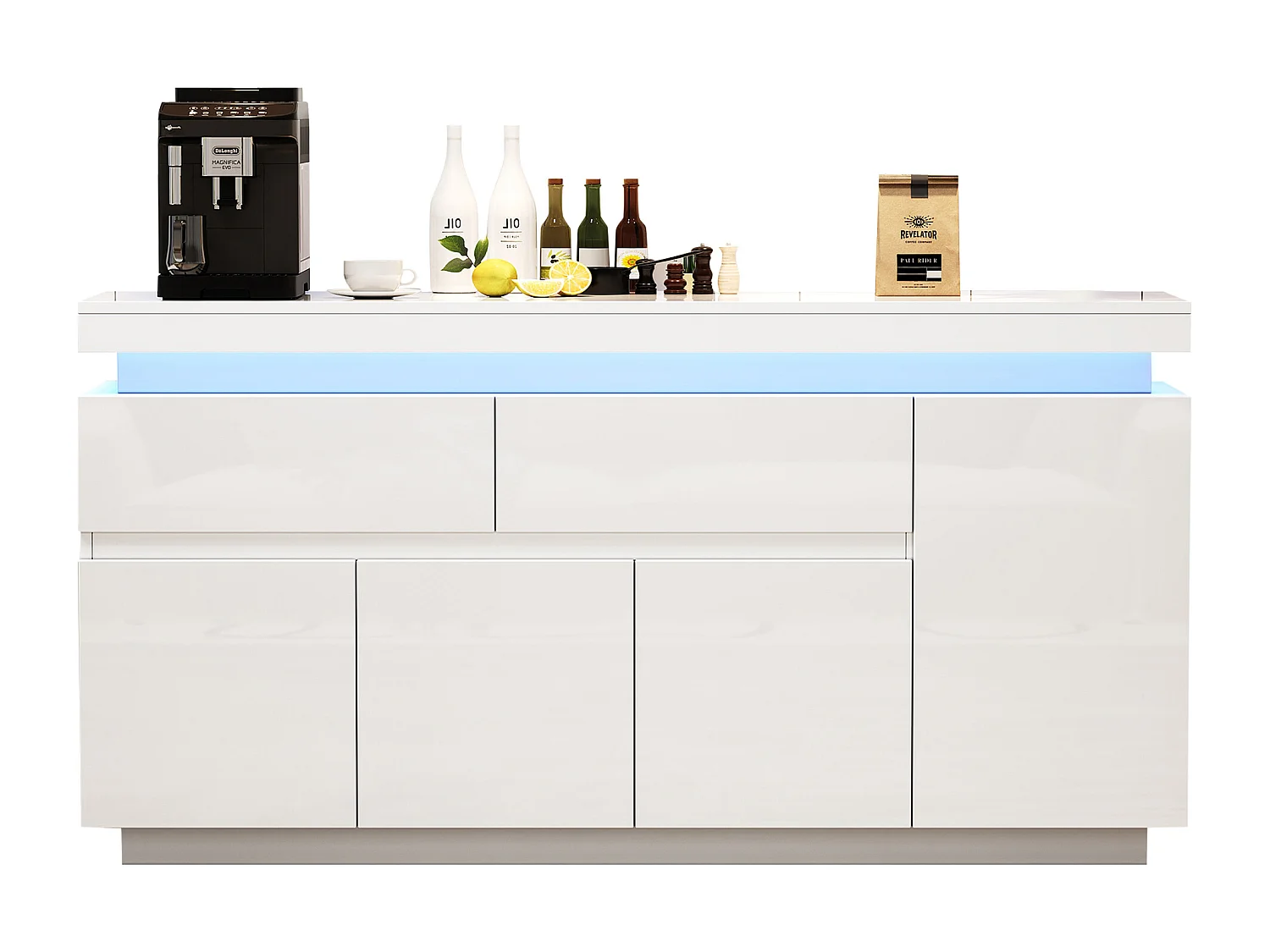 Buffet 140x35x72,5 cm - 2 gavetas e 4 portas - iluminação LED - painéis de partículas - branco