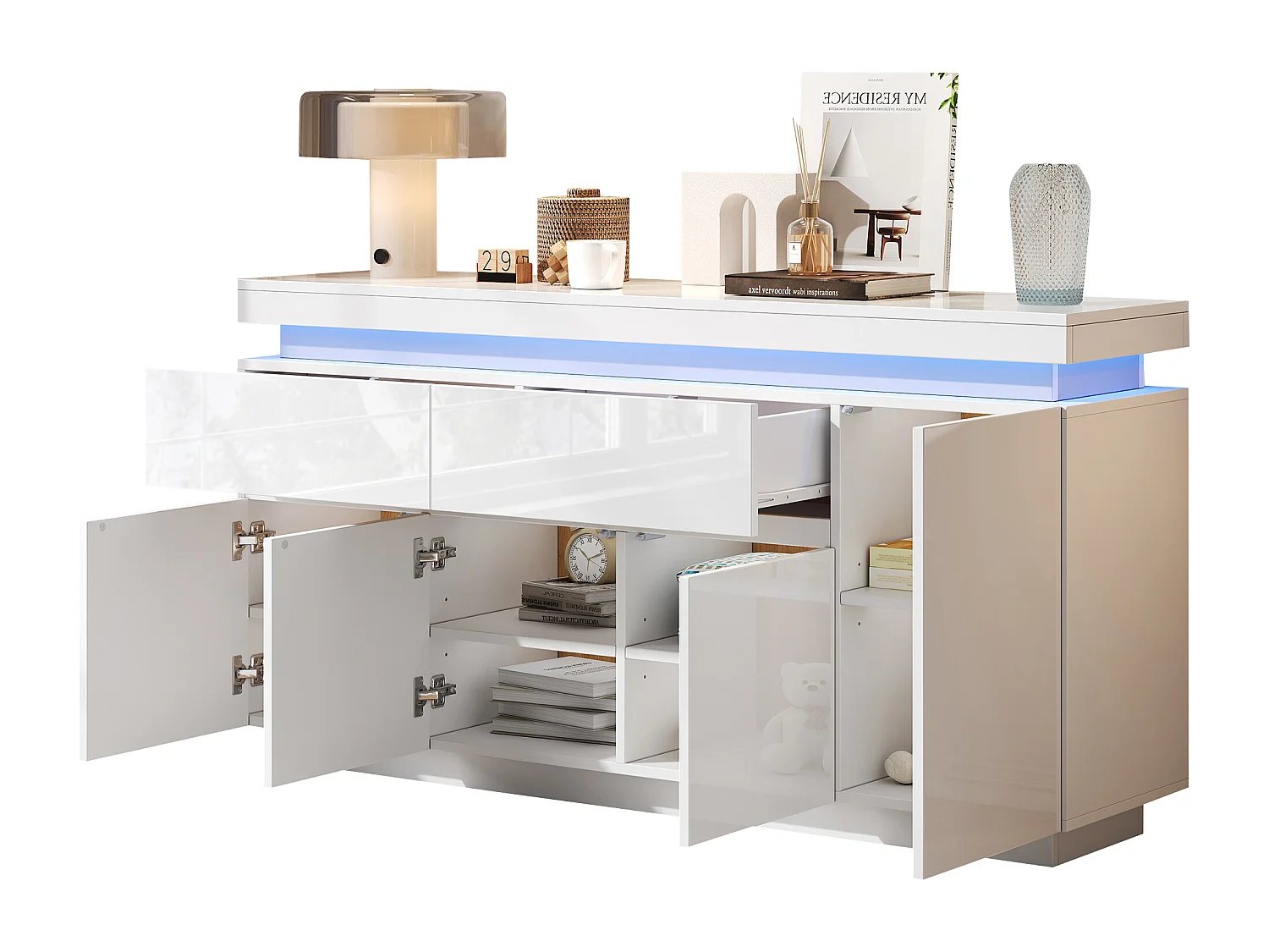 Buffet 140x35x72,5 cm - 2 gavetas e 4 portas - iluminação LED - painéis de partículas - branco