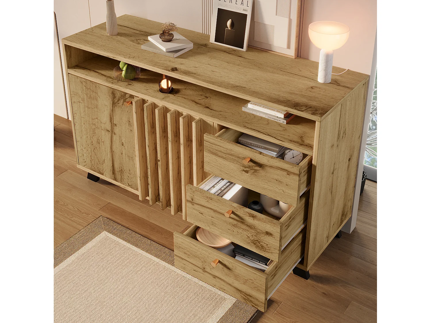 Buffet 120x40x85cm - avec 3 tiroirs et 2 portes - style rétro - avec des étagères ouvertes - couleur chêne foncé