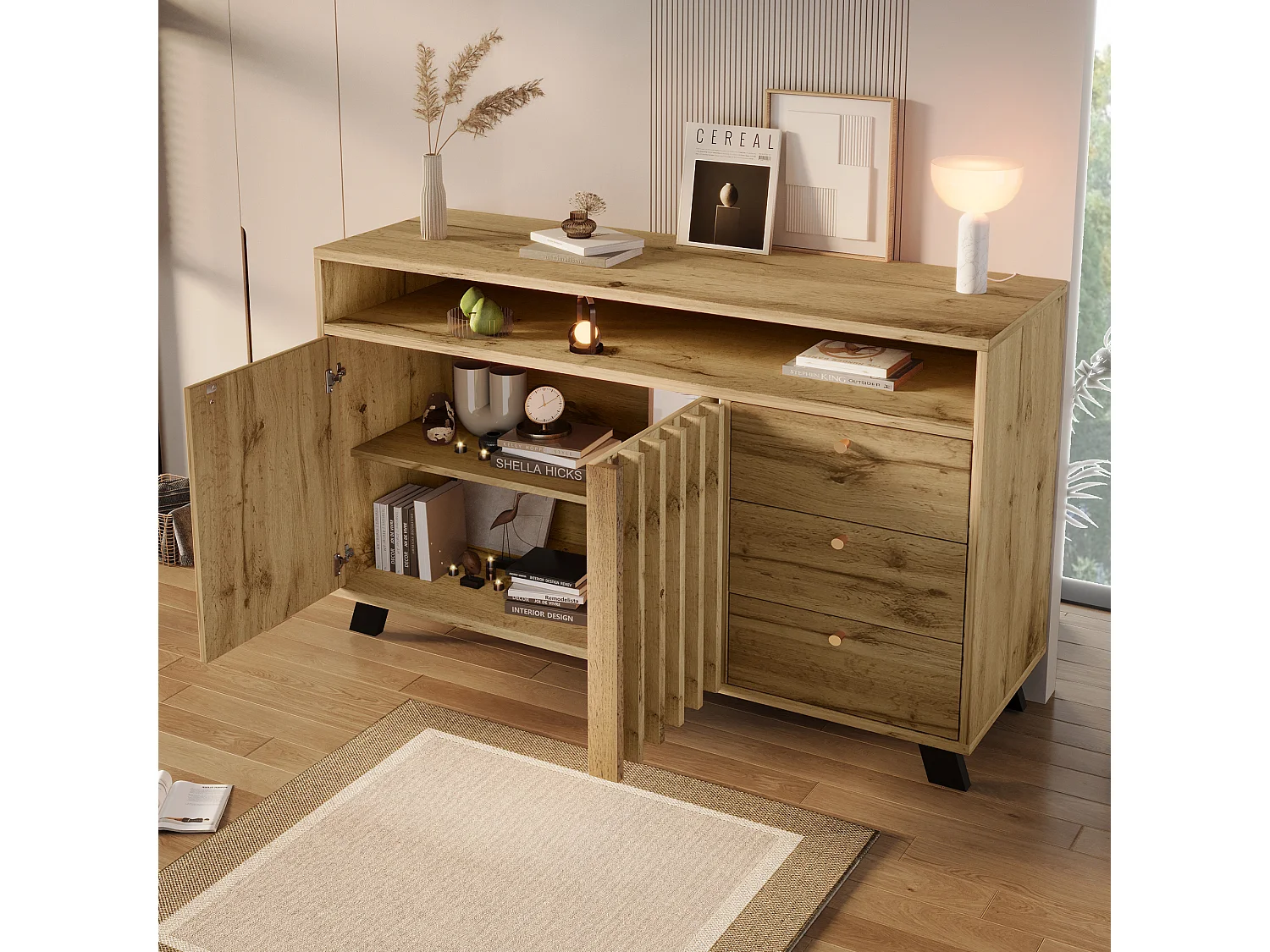 Buffet 120x40x85cm - avec 3 tiroirs et 2 portes - style rétro - avec des étagères ouvertes - couleur chêne foncé