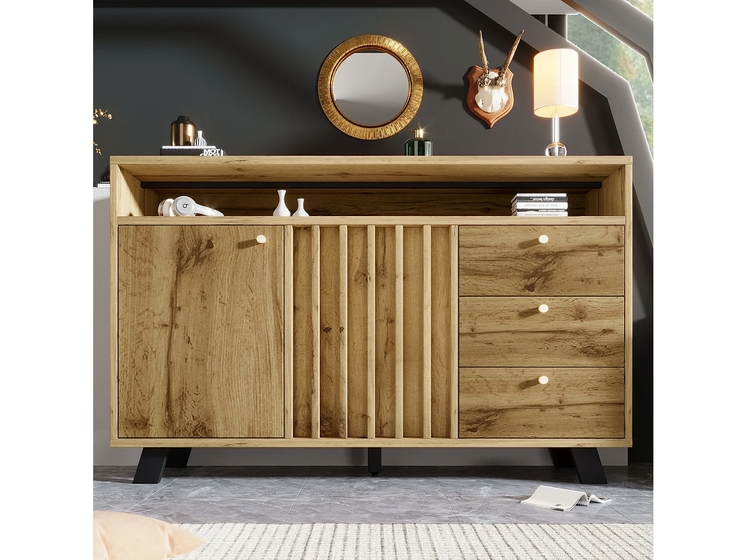 Buffet 120x40x85cm - avec 3 tiroirs et 2 portes - style rétro - avec des étagères ouvertes - couleur chêne foncé