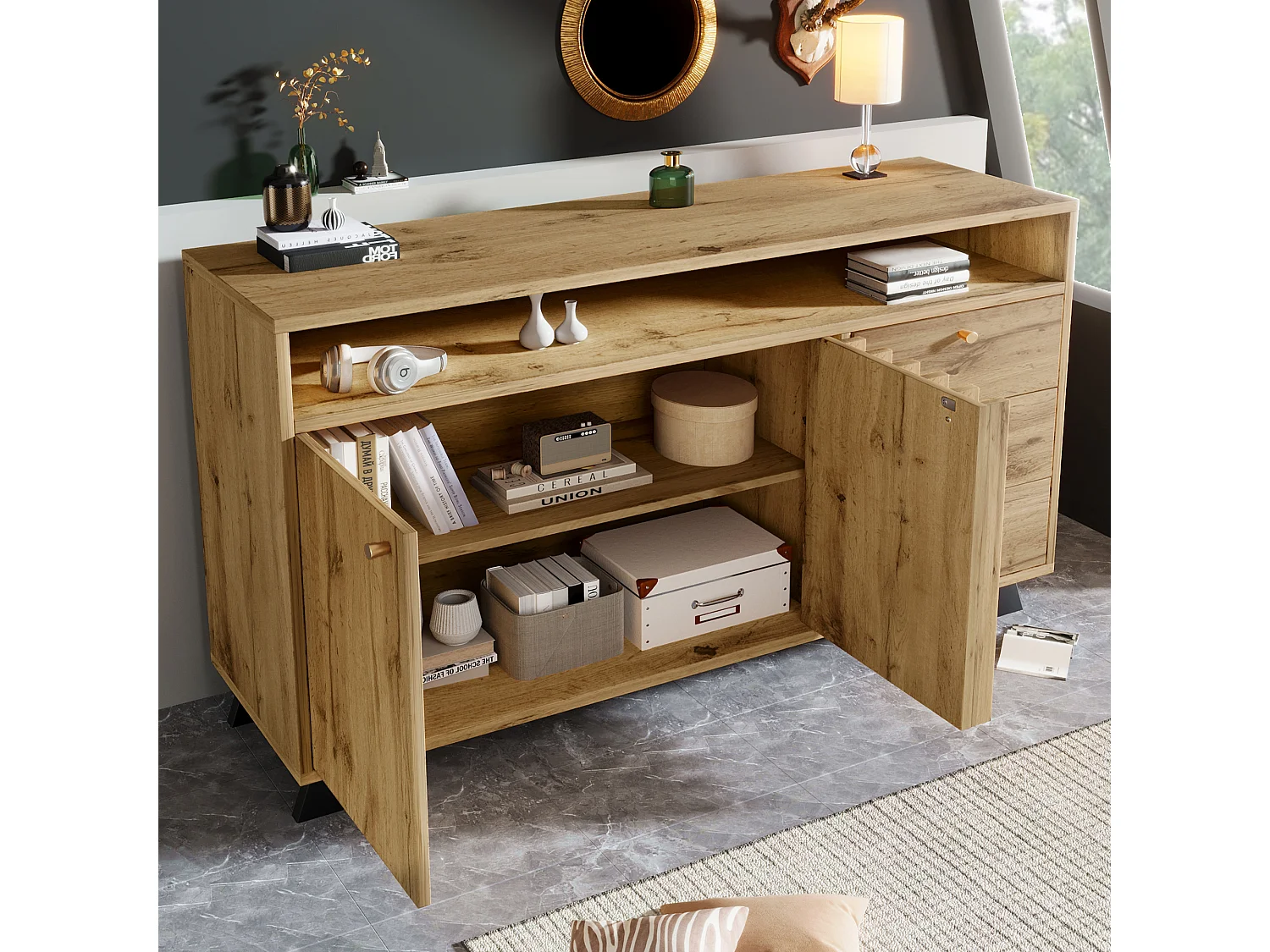 Buffet 120x40x85cm - avec 3 tiroirs et 2 portes - style rétro - avec des étagères ouvertes - couleur chêne foncé