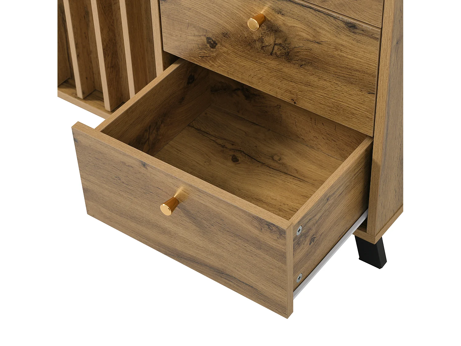 Buffet 120x40x85cm - avec 3 tiroirs et 2 portes - style rétro - avec des étagères ouvertes - couleur chêne foncé