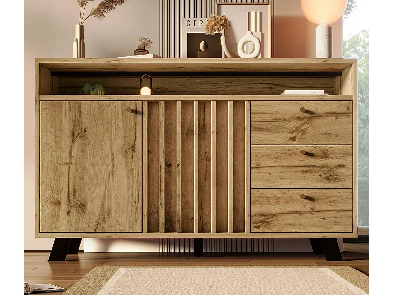 Buffet 120x40x85cm - avec 3 tiroirs et 2 portes - style rétro - avec des étagères ouvertes - couleur chêne foncé