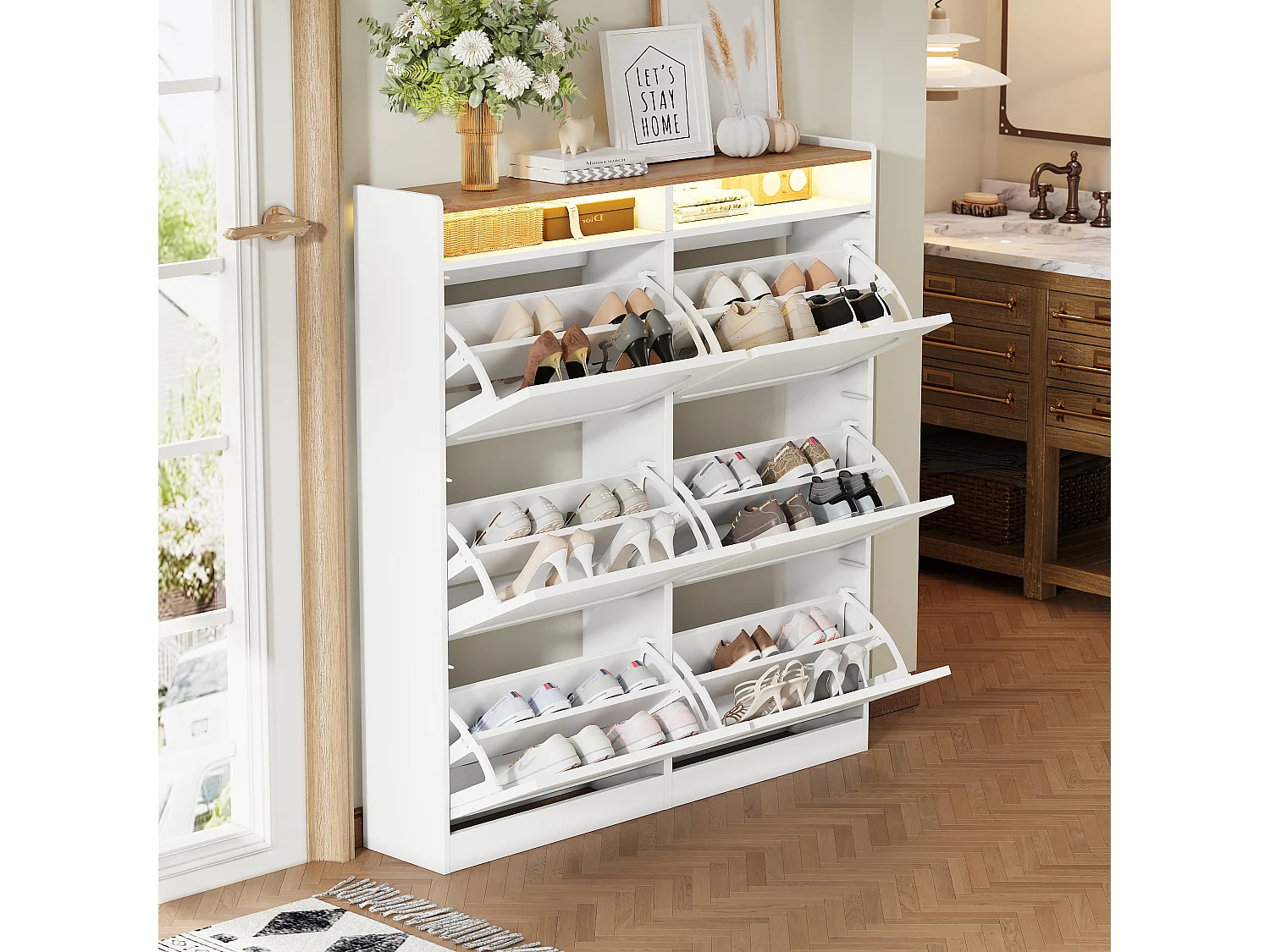 Meuble à chaussures avec 6 compartiments abattants + Leds + 2 rangement ouverts - 120 x 24 x 130 cm - MDF - blanc + naturel