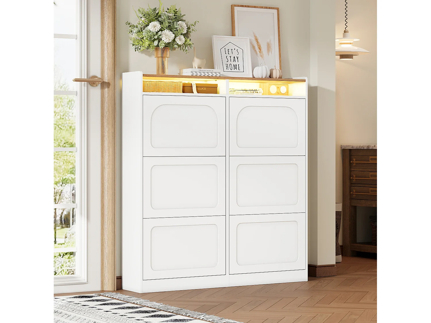 Meuble à chaussures avec 6 compartiments abattants + Leds + 2 rangement ouverts - 120 x 24 x 130 cm - MDF - blanc + naturel