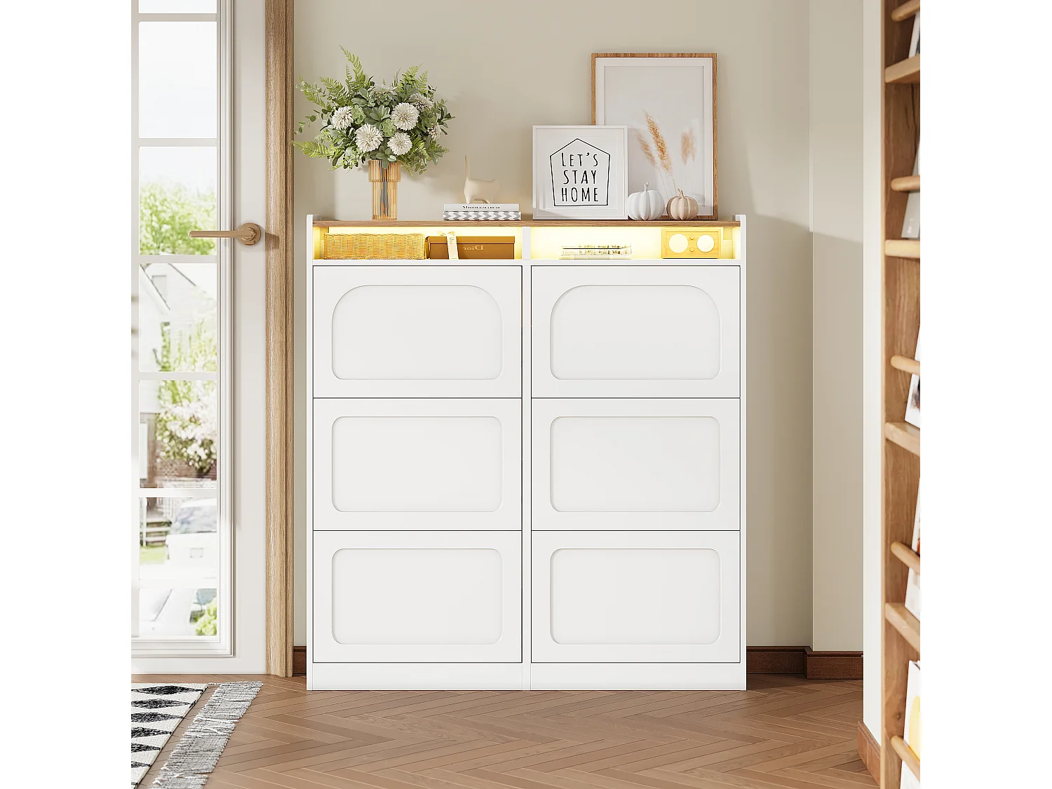 Meuble à chaussures avec 6 compartiments abattants + Leds + 2 rangement ouverts - 120 x 24 x 130 cm - MDF - blanc + naturel