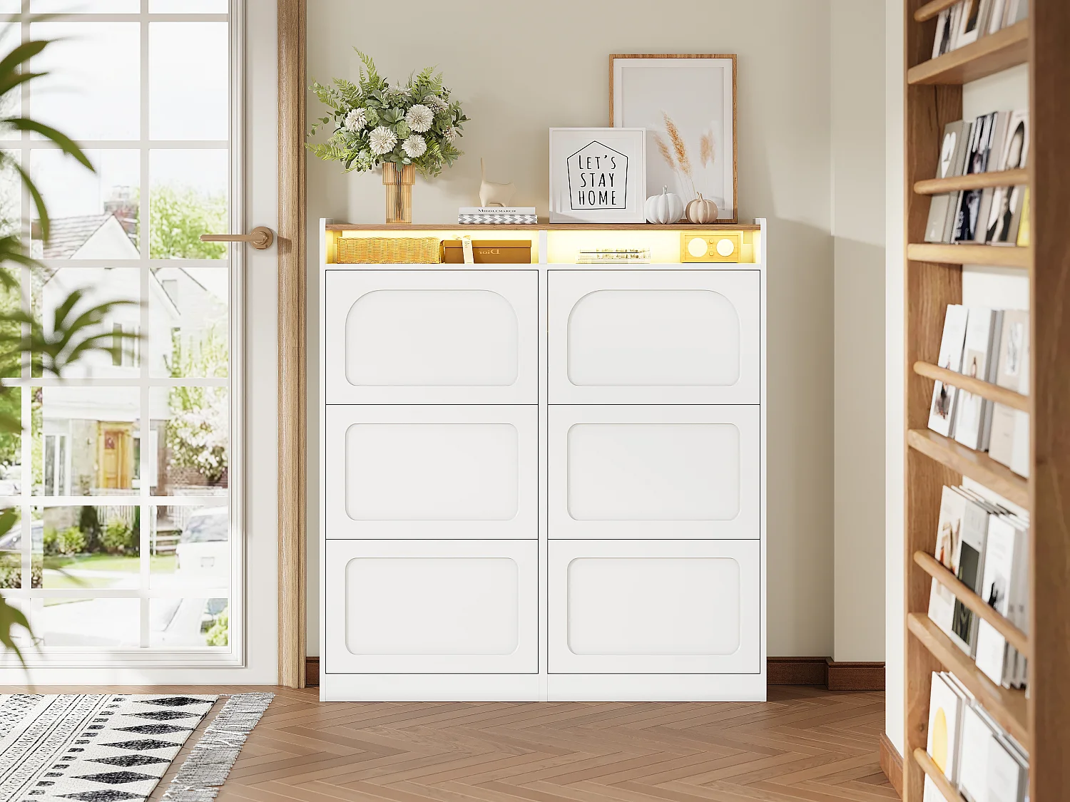 Meuble à chaussures avec 6 compartiments abattants + Leds + 2 rangement ouverts - 120 x 24 x 130 cm - MDF - blanc + naturel