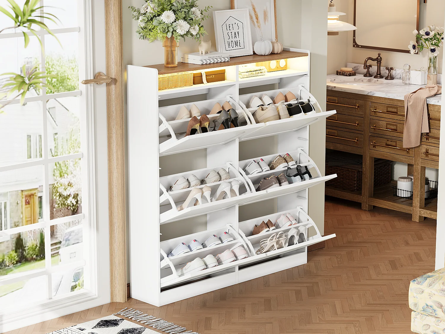 Meuble à chaussures avec 6 compartiments abattants + Leds + 2 rangement ouverts - 120 x 24 x 130 cm - MDF - blanc + naturel