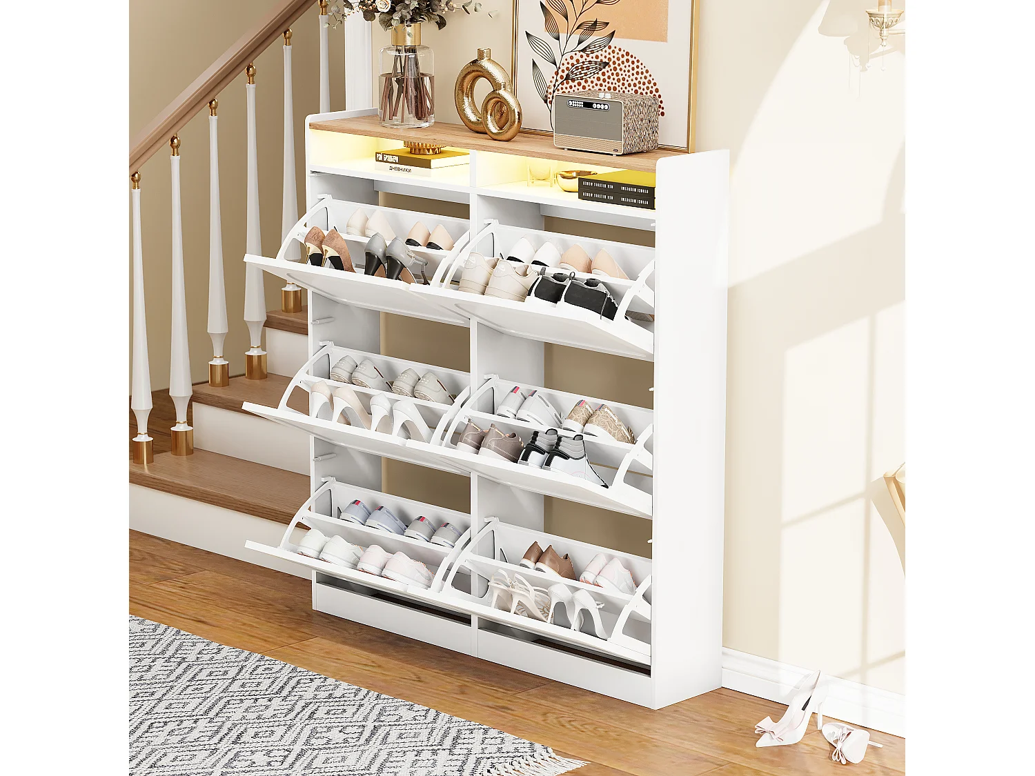 Meuble à chaussures avec 6 compartiments abattants + Leds + 2 rangement ouverts - 120 x 24 x 130 cm - MDF - blanc + naturel