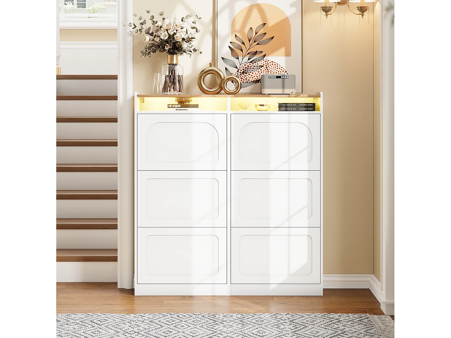 Meuble à chaussures avec 6 compartiments abattants + Leds + 2 rangement ouverts - 120 x 24 x 130 cm - MDF - blanc + naturel