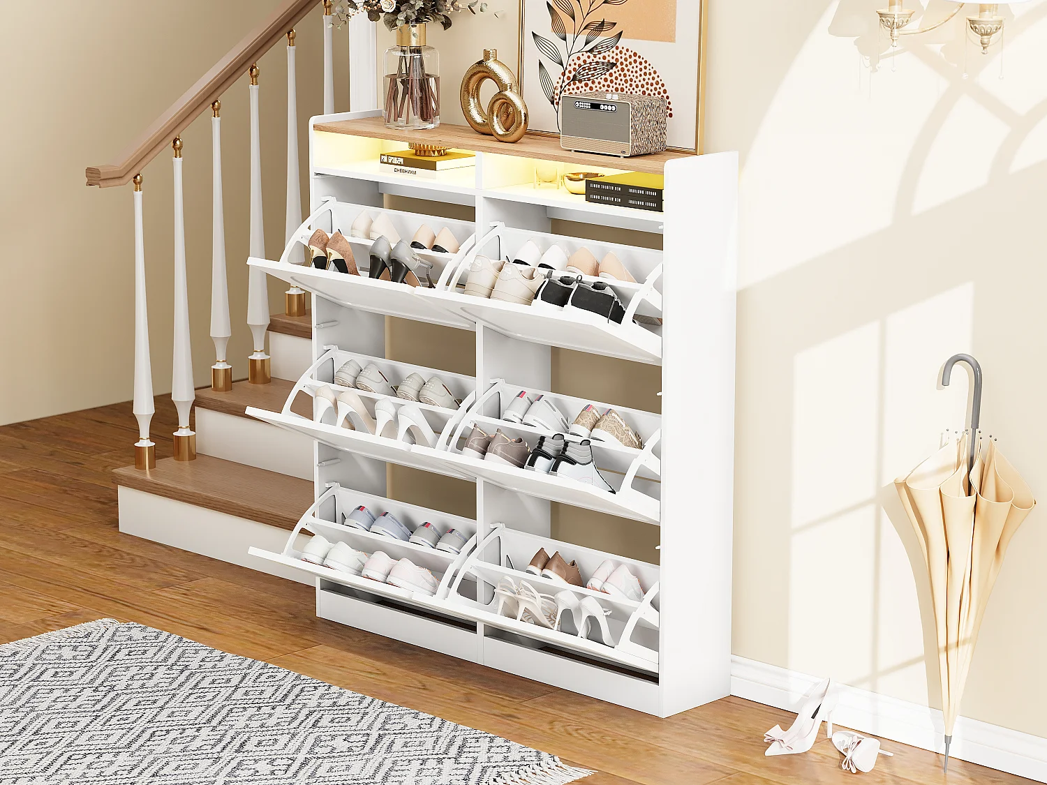 Meuble à chaussures avec 6 compartiments abattants + Leds + 2 rangement ouverts - 120 x 24 x 130 cm - MDF - blanc + naturel