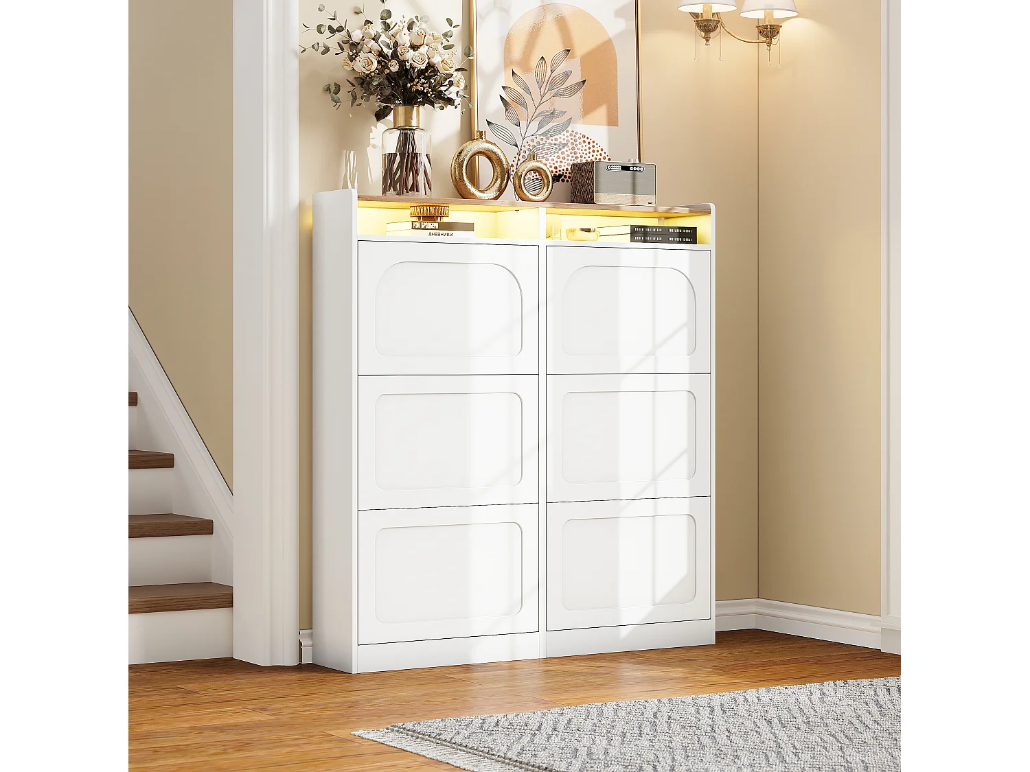 Meuble à chaussures avec 6 compartiments abattants + Leds + 2 rangement ouverts - 120 x 24 x 130 cm - MDF - blanc + naturel