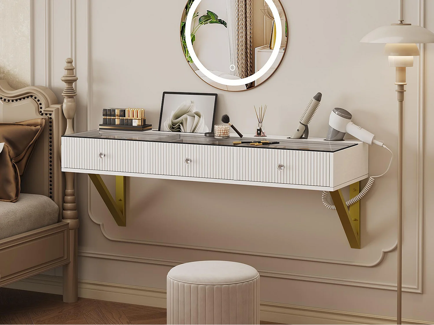 Hänge-Schminktisch 120x40x45cm - mit 3 Schubladen - mit Halterung und Getränkehalter - Weiß​ (Spiegel nicht inbegriffen)