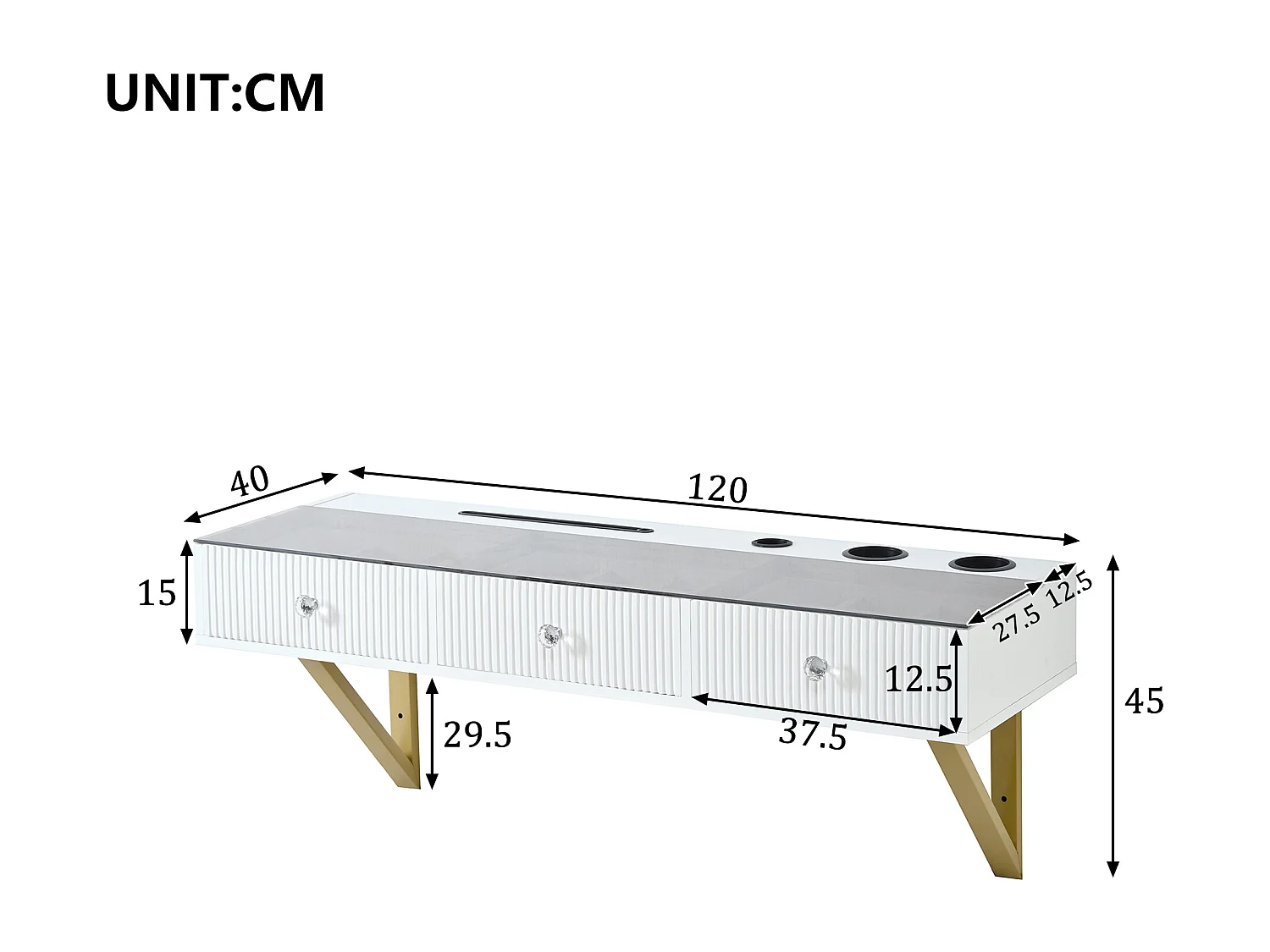 Hänge-Schminktisch 120x40x45cm - mit 3 Schubladen - mit Halterung und Getränkehalter - Weiß​ (Spiegel nicht inbegriffen)