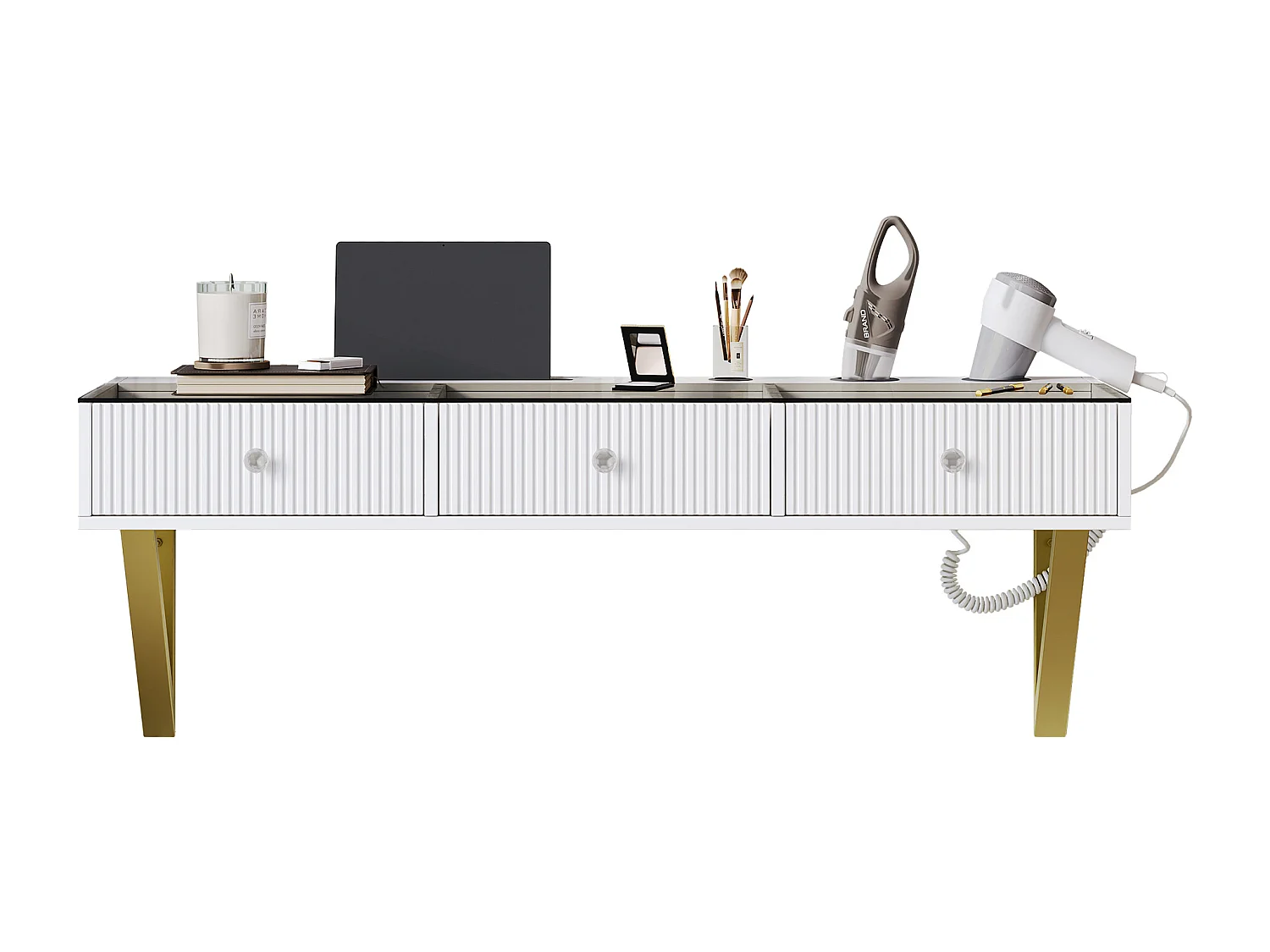 Hänge-Schminktisch 120x40x45cm - mit 3 Schubladen - mit Halterung und Getränkehalter - Weiß​ (Spiegel nicht inbegriffen)