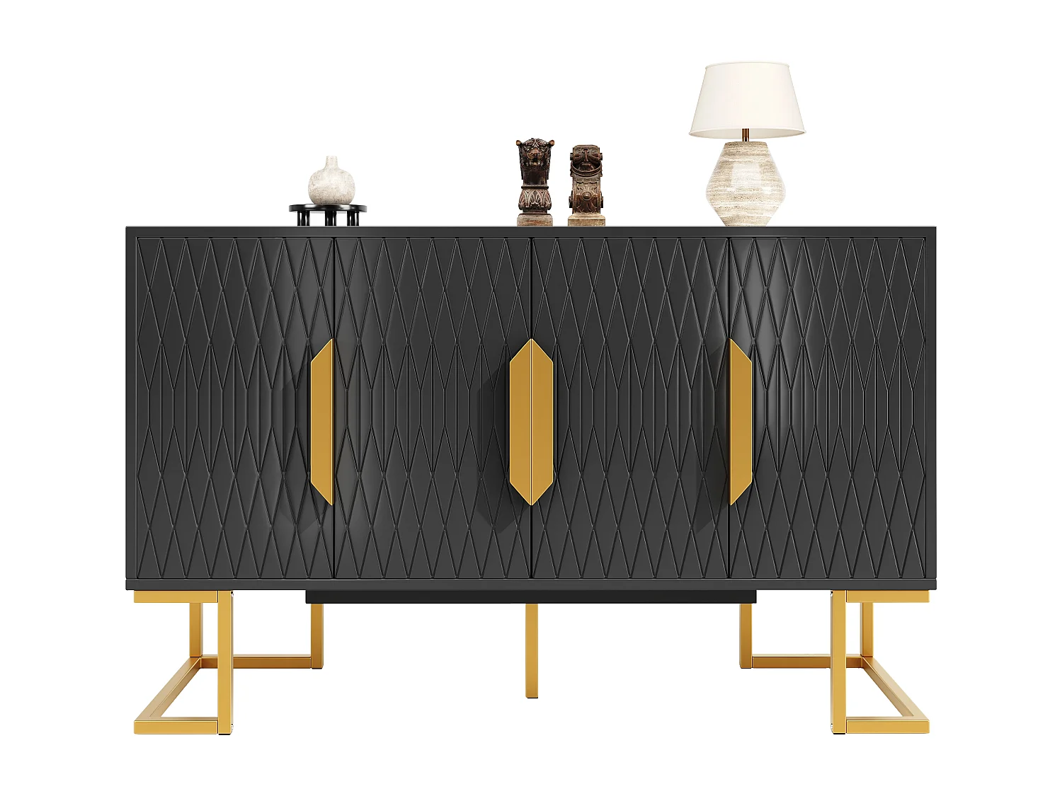 Buffet avec 4 portes - Pieds en métal doré - Étagère réglable - Noir