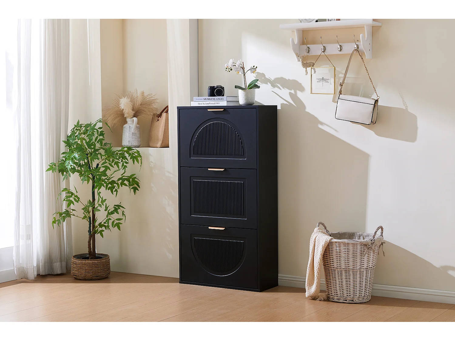 Meuble à chaussures étroit à 3 portes - 60 x 24 x 114 cm - pour entrée/salon - MDF - noir