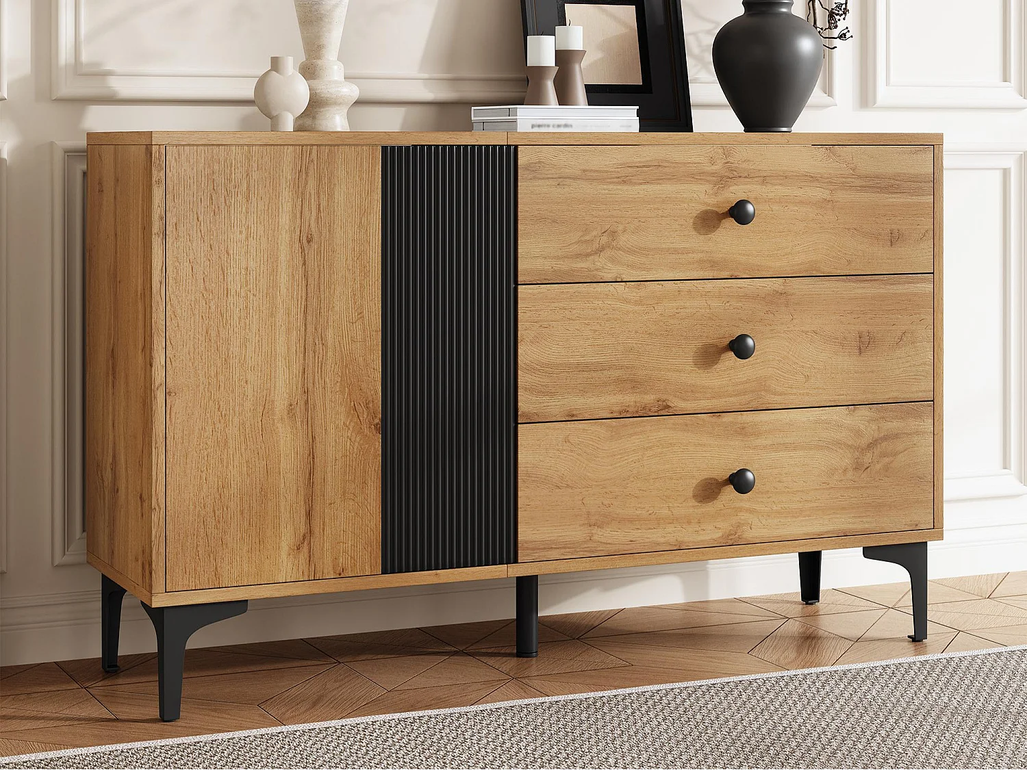 Buffet moderne 120x35x76 cm - 2 portes et 3 tiroirs - Pieds en métal - Panneaux de particules - Naturel et noir