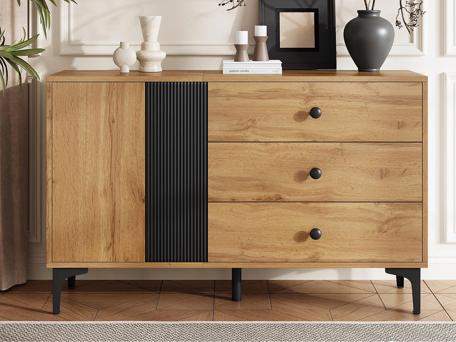 Buffet moderne 120x35x76 cm - 2 portes et 3 tiroirs - Pieds en métal - Panneaux de particules - Naturel et noir