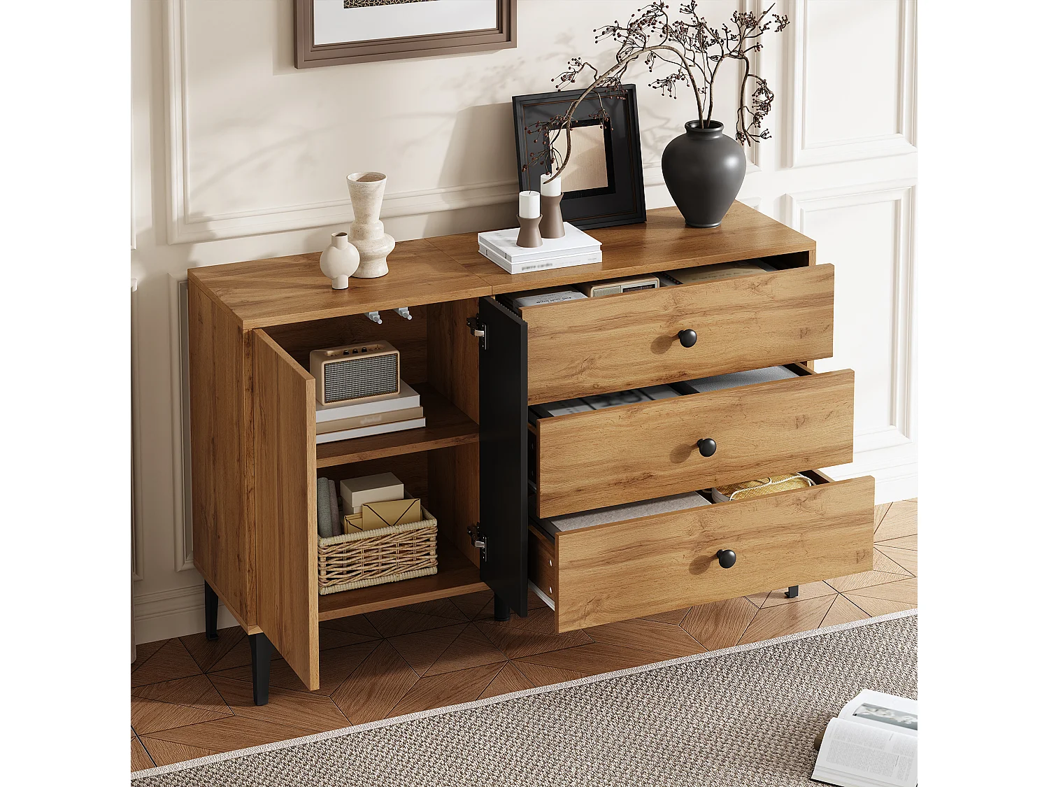 Buffet moderne 120x35x76 cm - 2 portes et 3 tiroirs - Pieds en métal - Panneaux de particules - Naturel et noir