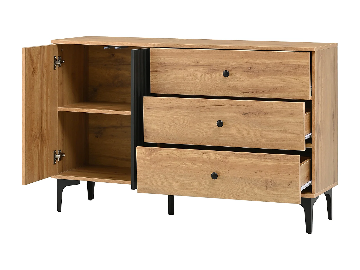 Buffet moderne 120x35x76 cm - 2 portes et 3 tiroirs - Pieds en métal - Panneaux de particules - Naturel et noir