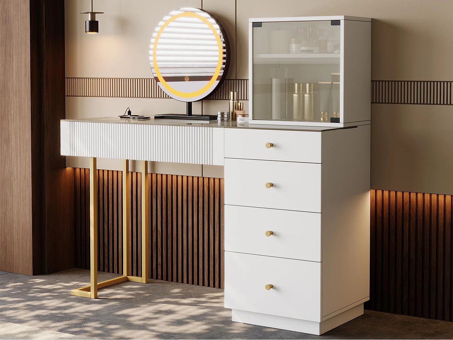 Schminktisch mit Spiegel 120x40x120cm - mit verstellbarer LED - mit 5 Schubladen und 1 Glastür - Weiß​ (Hocker nicht inbegriffen)