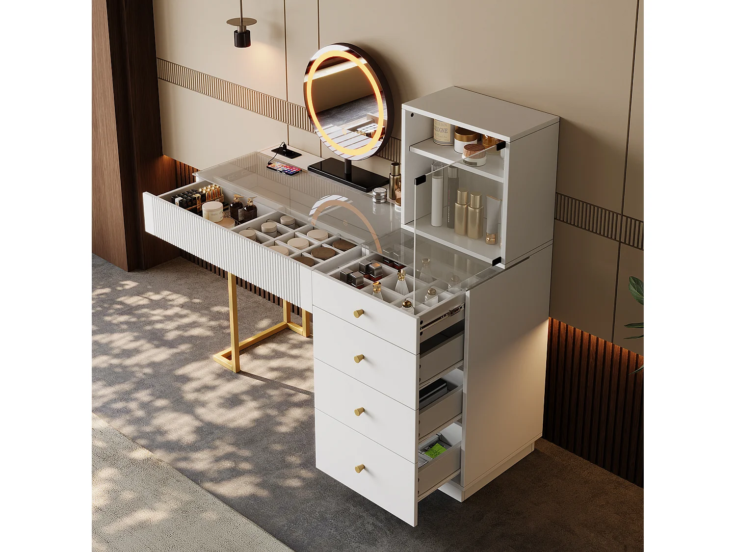 Schminktisch mit Spiegel 120x40x120cm - mit verstellbarer LED - mit 5 Schubladen und 1 Glastür - Weiß​ (Hocker nicht inbegriffen)