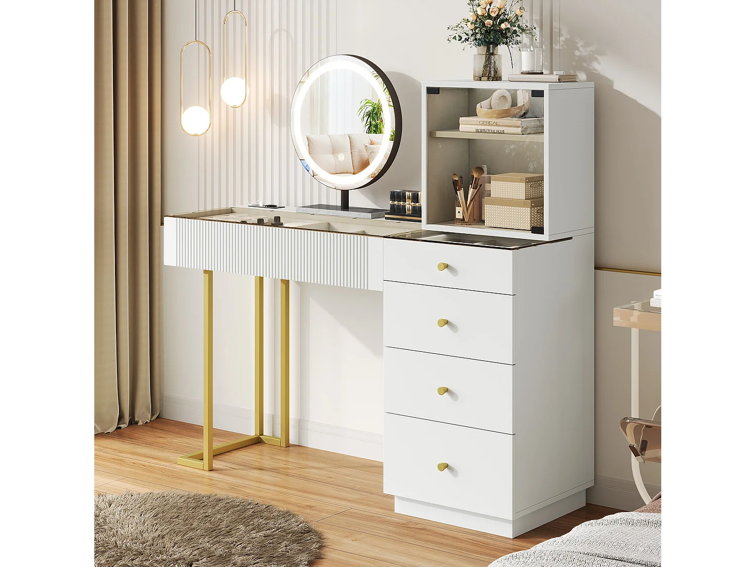 Schminktisch mit Spiegel 120x40x120cm - mit verstellbarer LED - mit 5 Schubladen und 1 Glastür - Weiß​ (Hocker nicht inbegriffen)