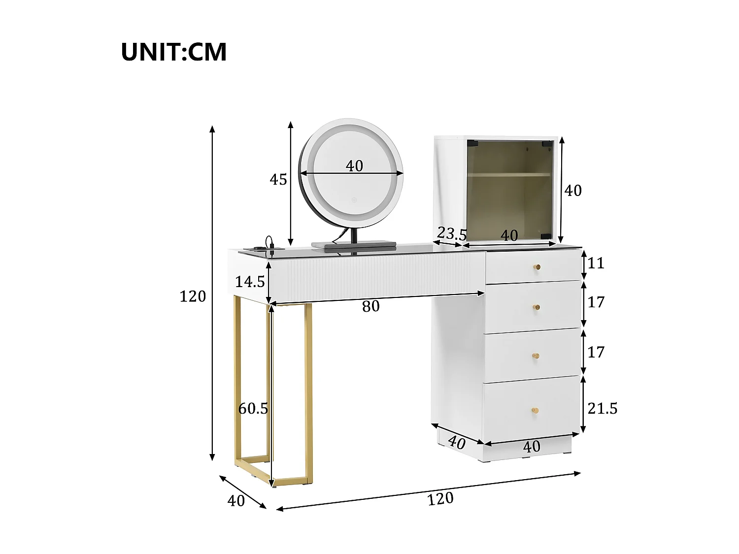 Schminktisch mit Spiegel 120x40x120cm - mit verstellbarer LED - mit 5 Schubladen und 1 Glastür - Weiß​ (Hocker nicht inbegriffen)
