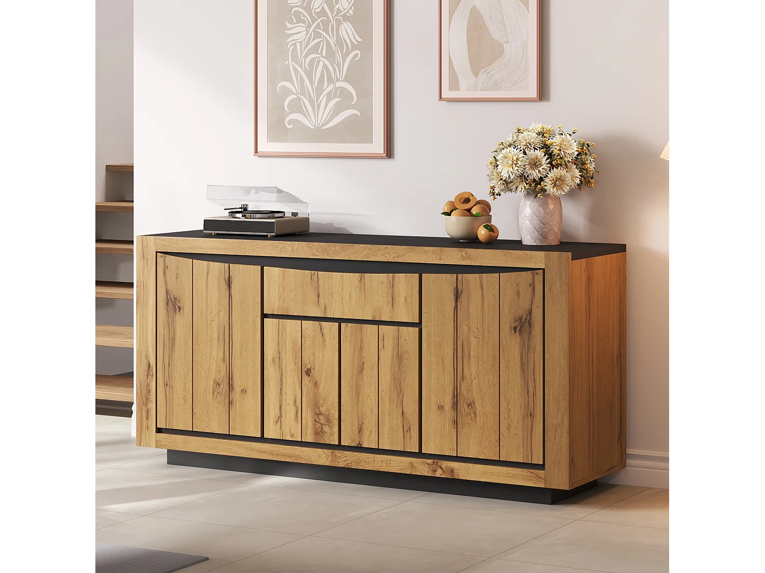Buffet de salon - 140 x 38.5 x 52 cm - avec 4 portes + 1 tiroir - MDF - coloris bois et noir
