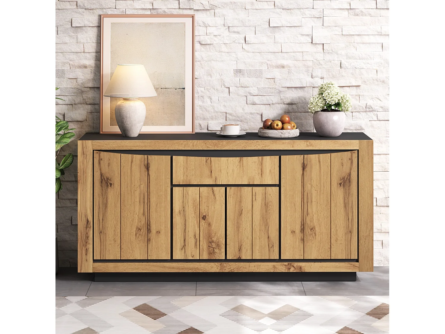 Buffet de salon - 140 x 38.5 x 52 cm - avec 4 portes + 1 tiroir - MDF - coloris bois et noir