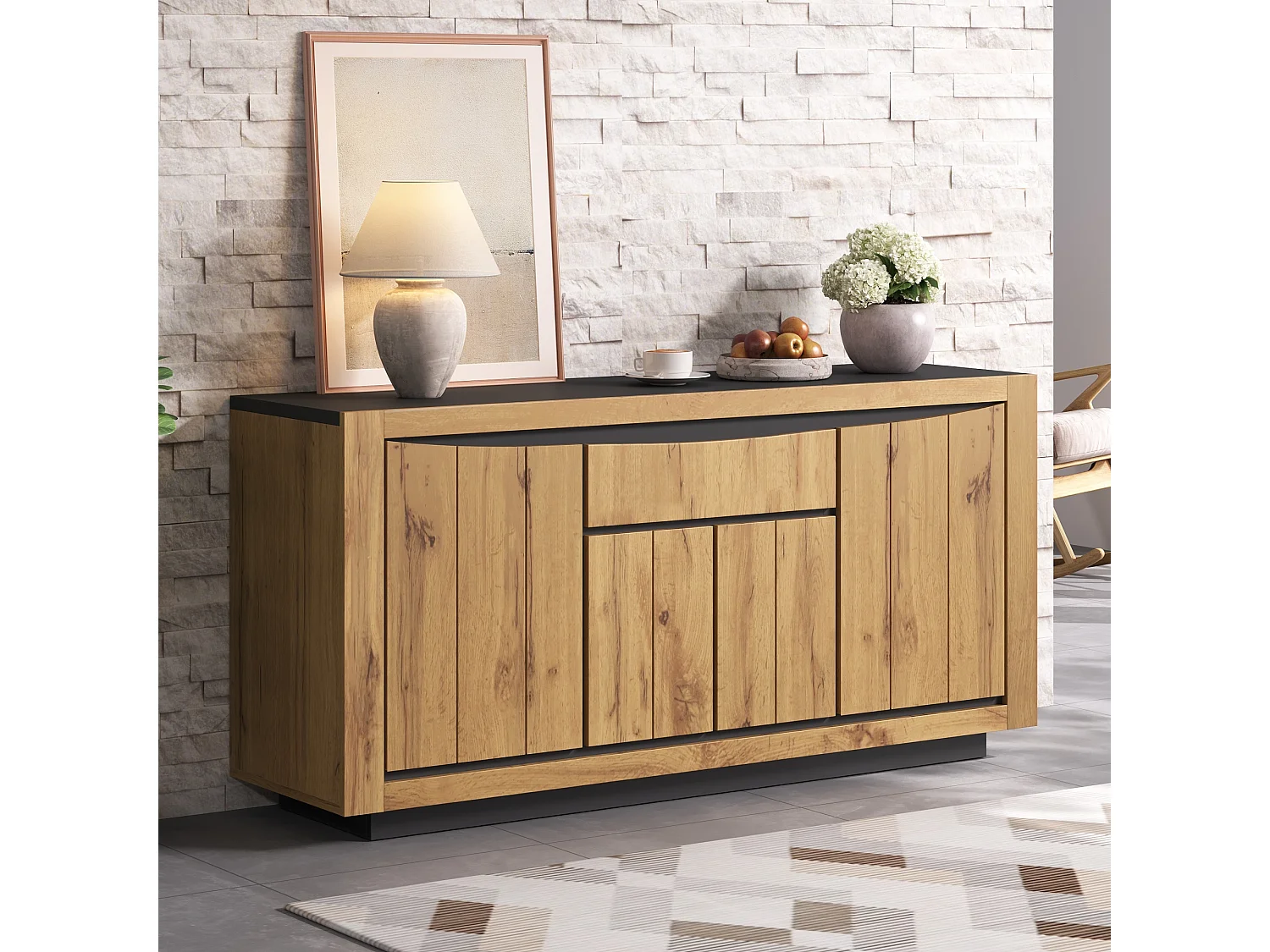 Buffet de salon - 140 x 38.5 x 52 cm - avec 4 portes + 1 tiroir - MDF - coloris bois et noir