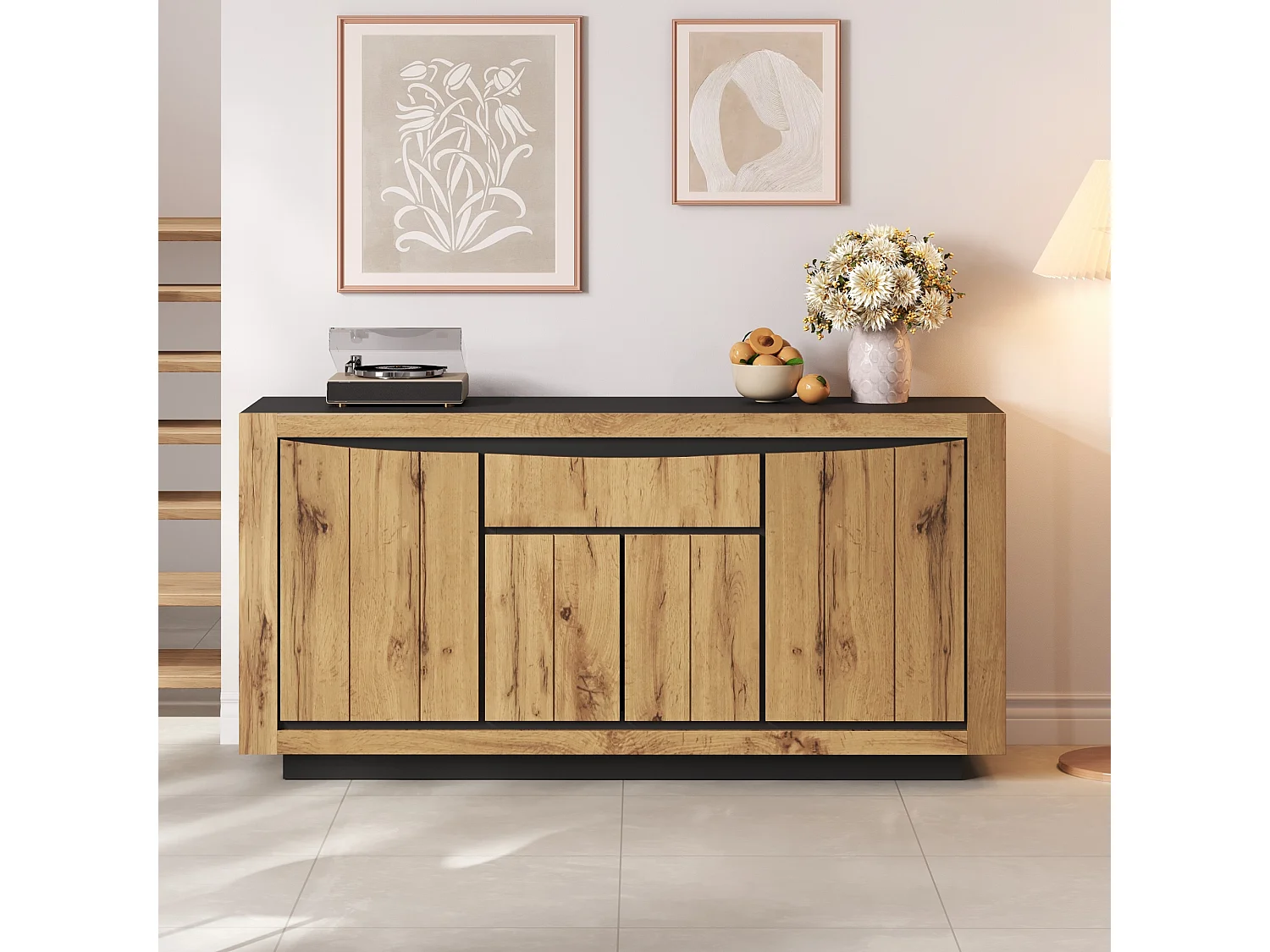 Buffet de salon - 140 x 38.5 x 52 cm - avec 4 portes + 1 tiroir - MDF - coloris bois et noir