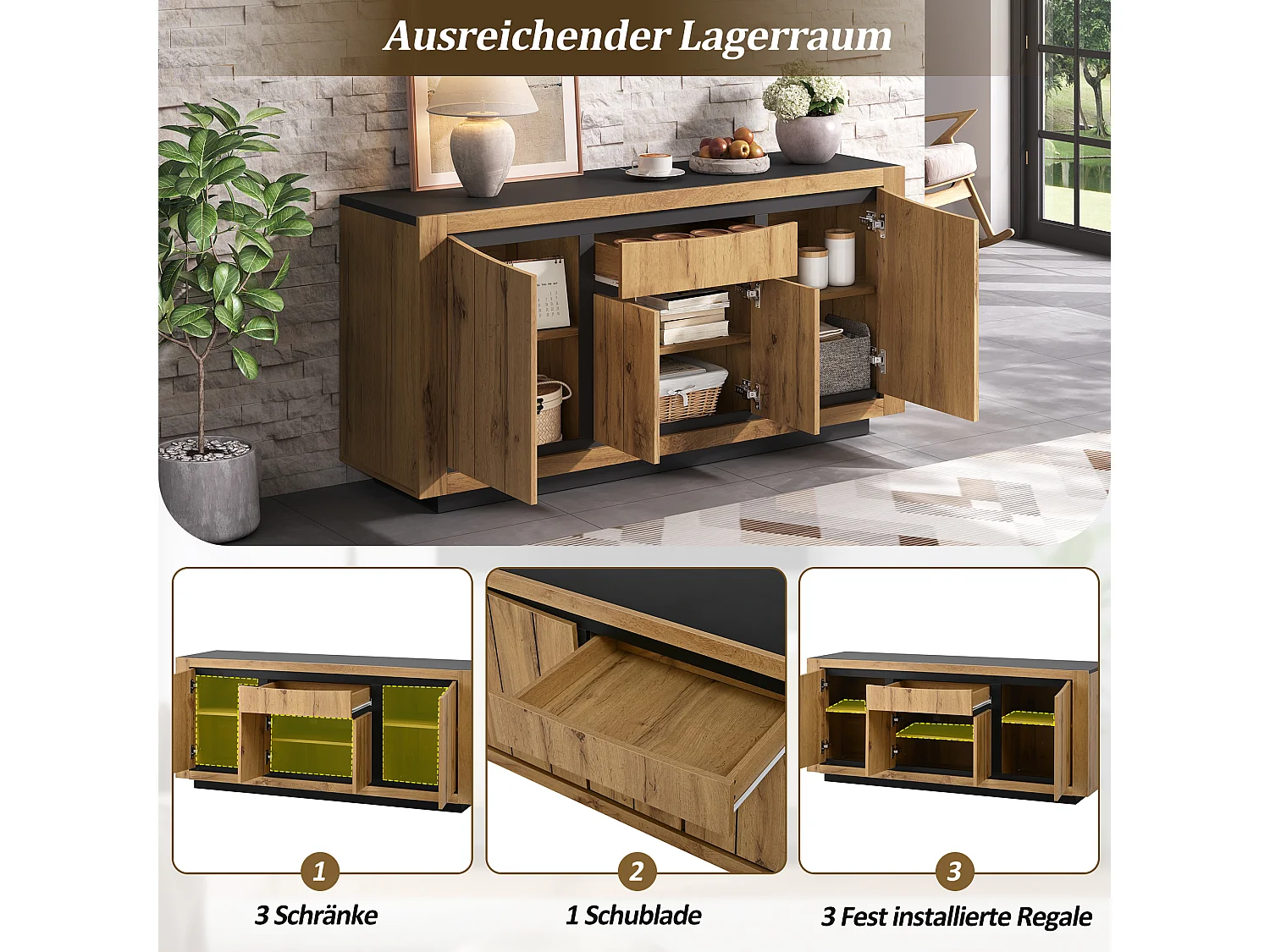 Buffet de salon - 140 x 38.5 x 52 cm - avec 4 portes + 1 tiroir - MDF - coloris bois et noir