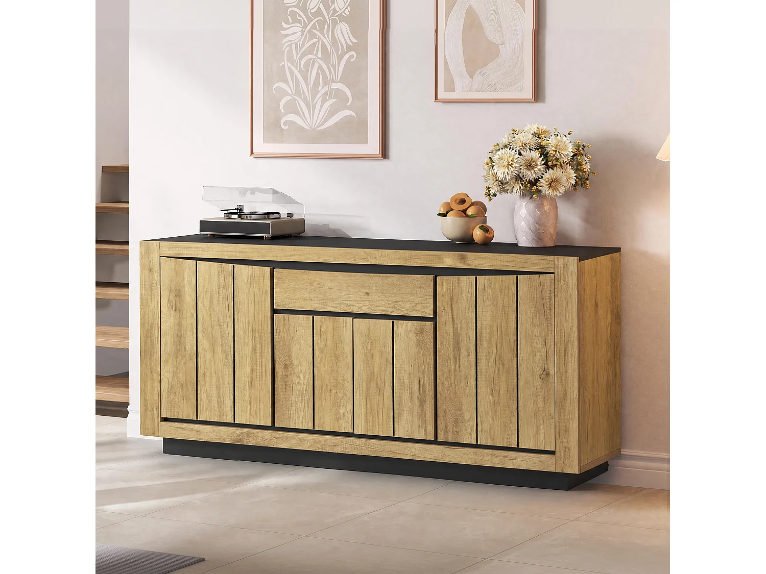 Living room sideboard - 140 x 40 x 60 cm - with 4 doors + 1 drawer - MDF - wood and black finish