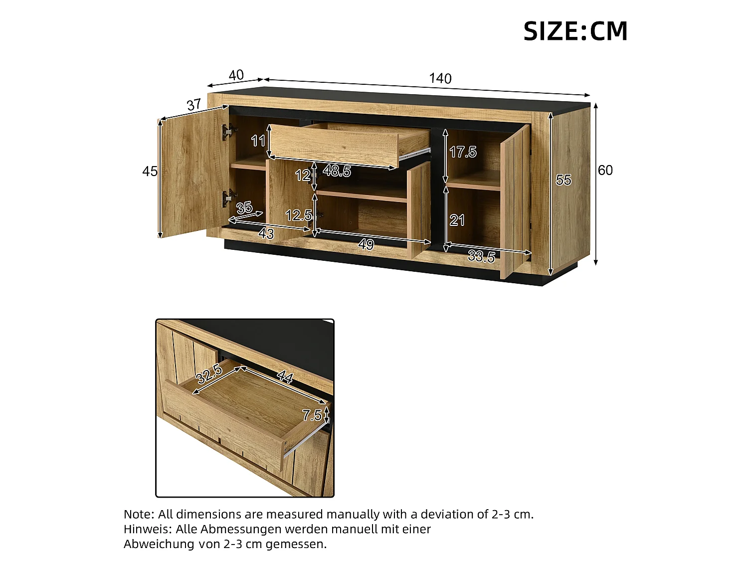 Living room sideboard - 140 x 40 x 60 cm - with 4 doors + 1 drawer - MDF - wood and black finish