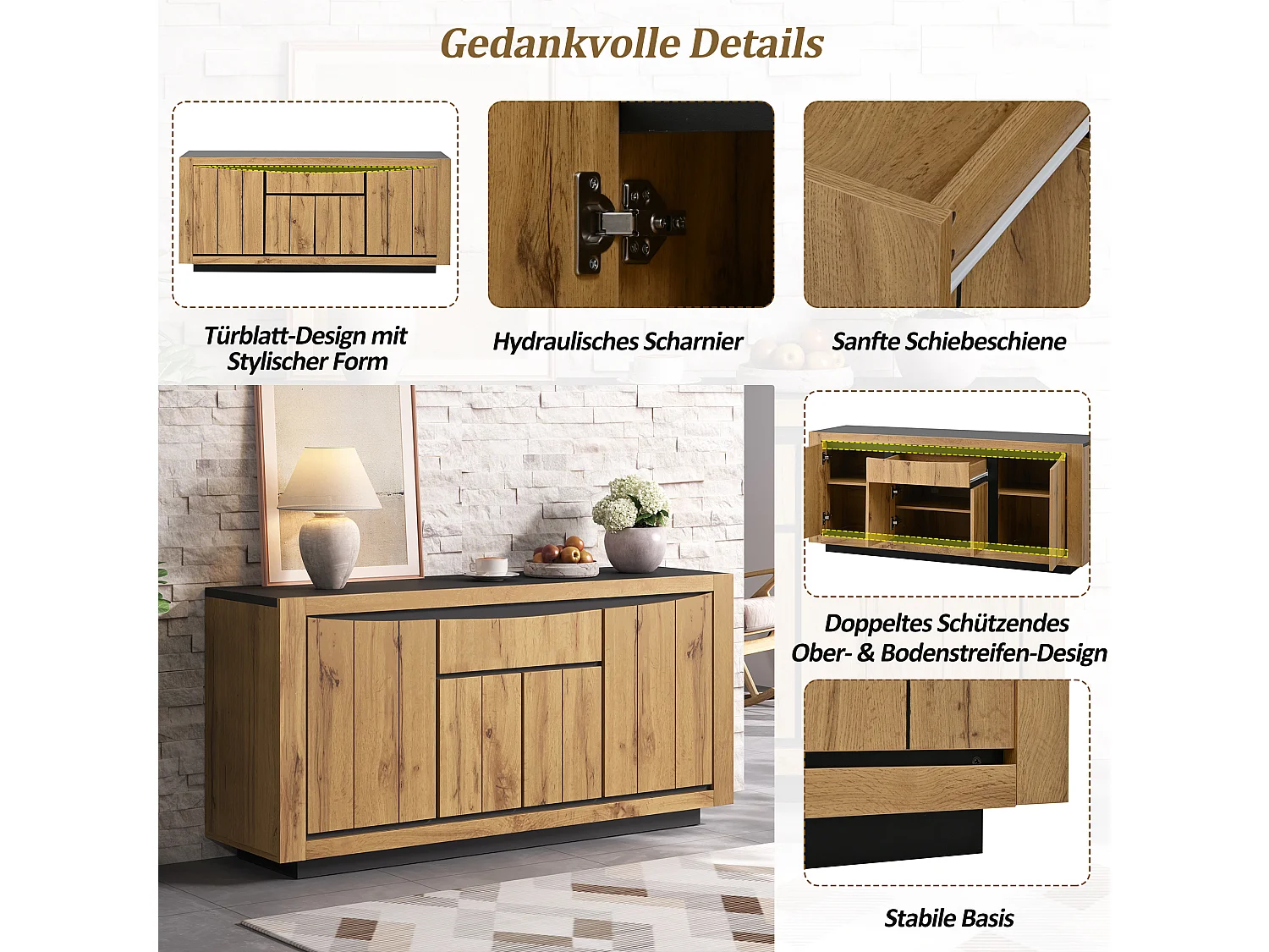 Living room sideboard - 140 x 40 x 60 cm - with 4 doors + 1 drawer - MDF - wood and black finish