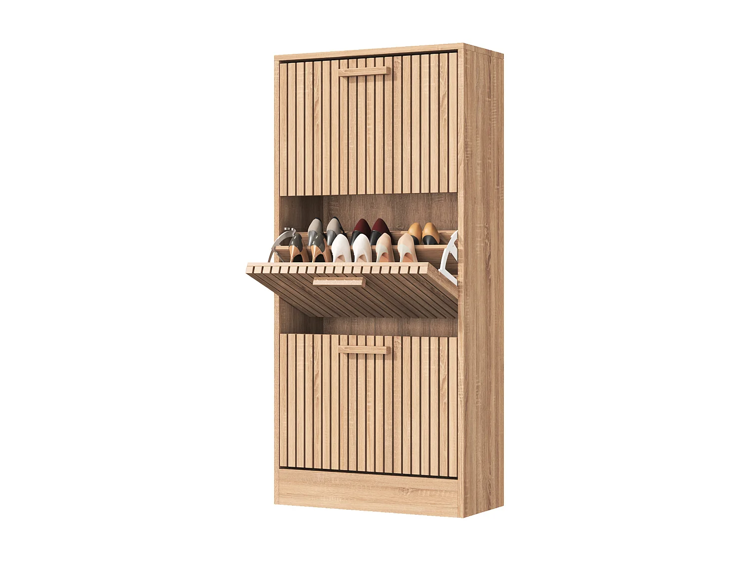 Meuble à chaussures en rotin - 3 portes battantes, avec 6 étagères réglables - 60 x 24 x 113 cm