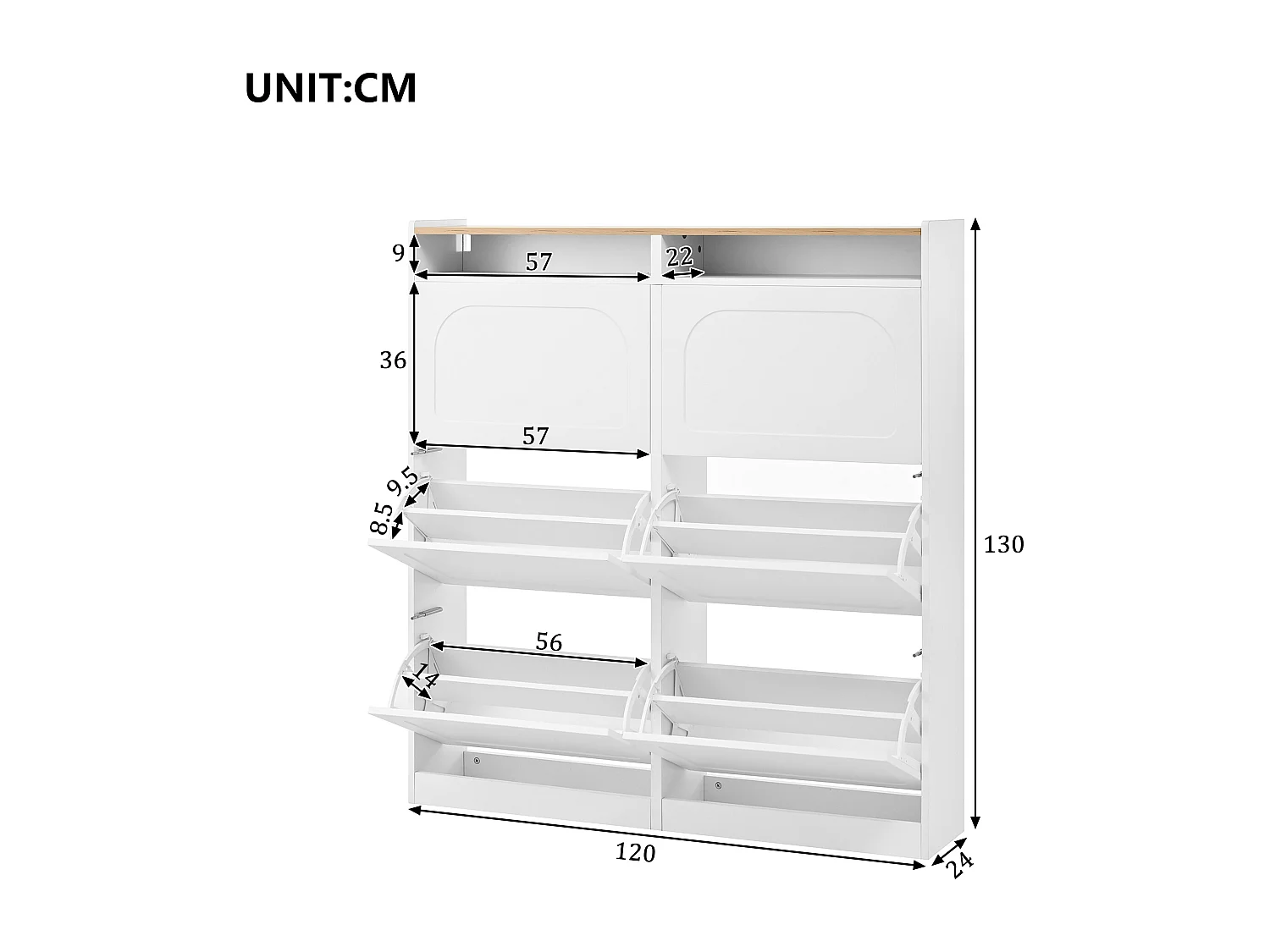 Moderner Schuhschrank 120x24x130cm - mit LED-Beleuchtung - 6 Klapptüren - Weiß + Natur