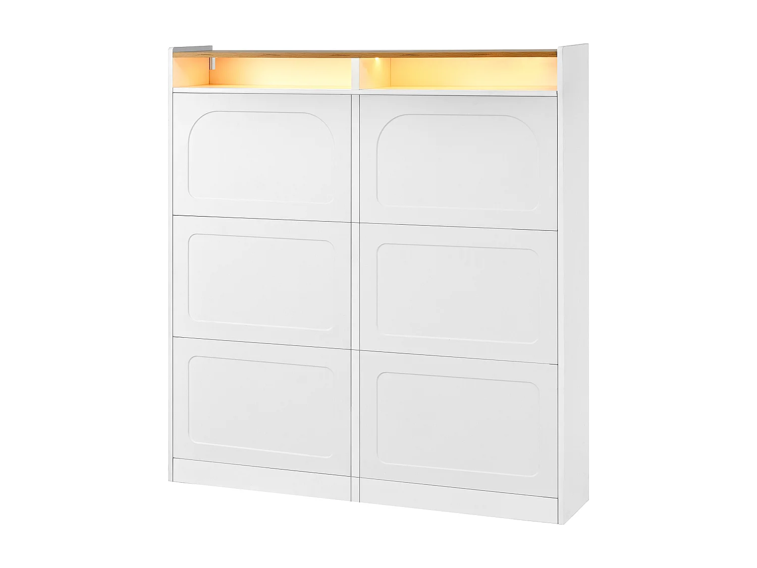 Moderner Schuhschrank 120x24x130cm - mit LED-Beleuchtung - 6 Klapptüren - Weiß + Natur