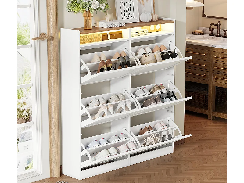 Moderner Schuhschrank 120x24x130cm - mit LED-Beleuchtung - 6 Klapptüren - Weiß + Natur