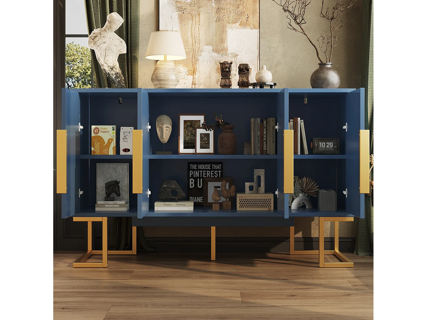 Buffet avec 4 portes - Pieds en métal doré - Étagère réglable - Bleu