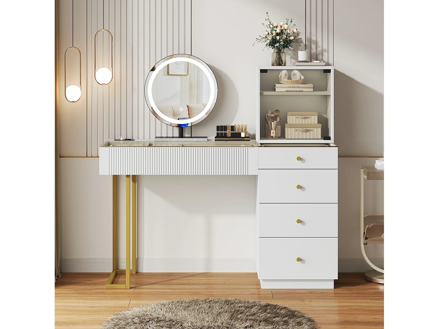 Coiffeuse avec miroir Leds - plateau en verre trempé transparent - avec 5 tiroirs - 120 x 40 x 120 cm - MDF + verre - blanc