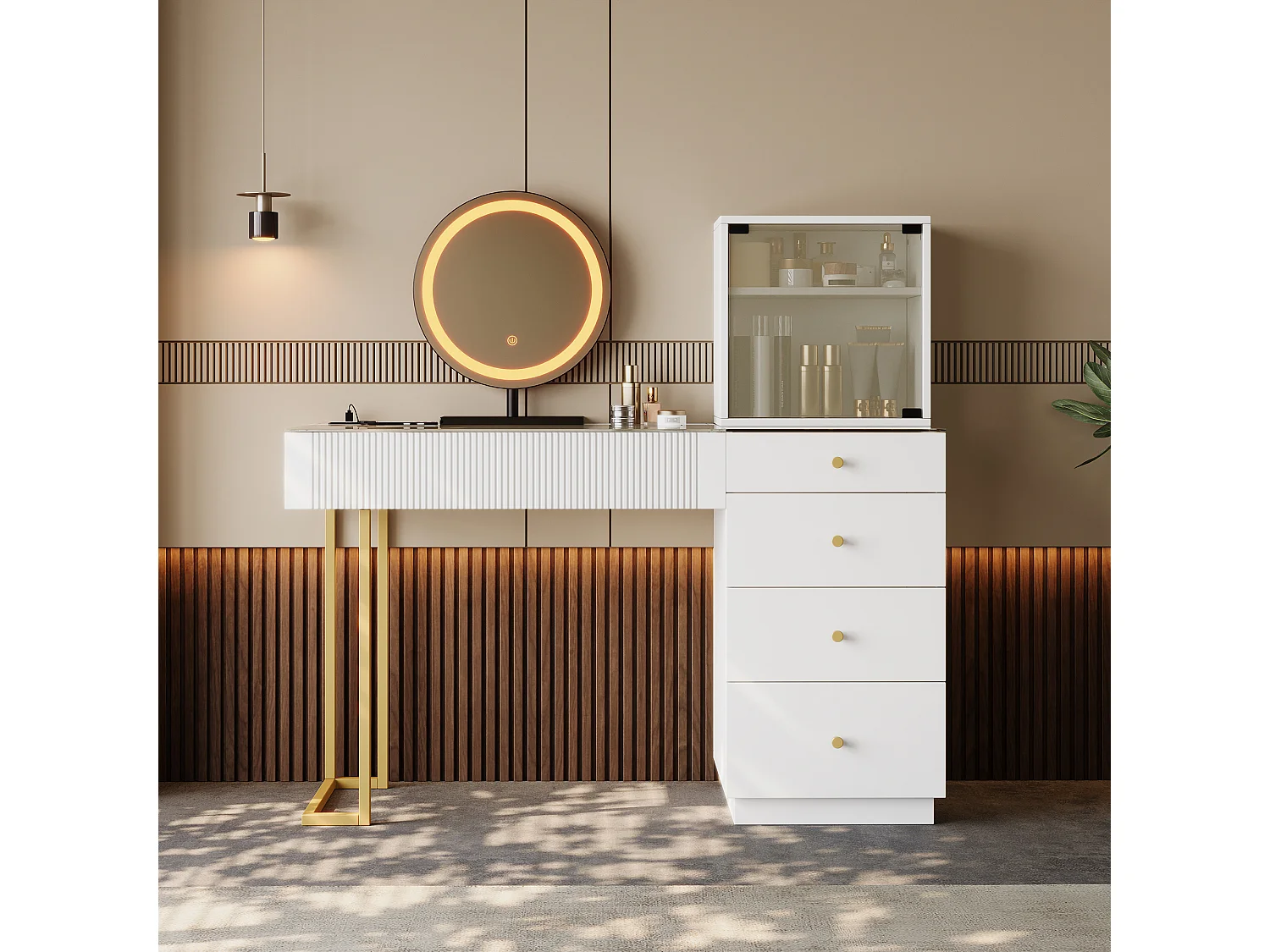 Coiffeuse avec miroir Leds - plateau en verre trempé transparent - avec 5 tiroirs - 120 x 40 x 120 cm - MDF + verre - blanc