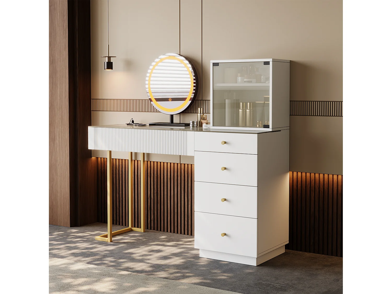 Coiffeuse avec miroir Leds - plateau en verre trempé transparent - avec 5 tiroirs - 120 x 40 x 120 cm - MDF + verre - blanc