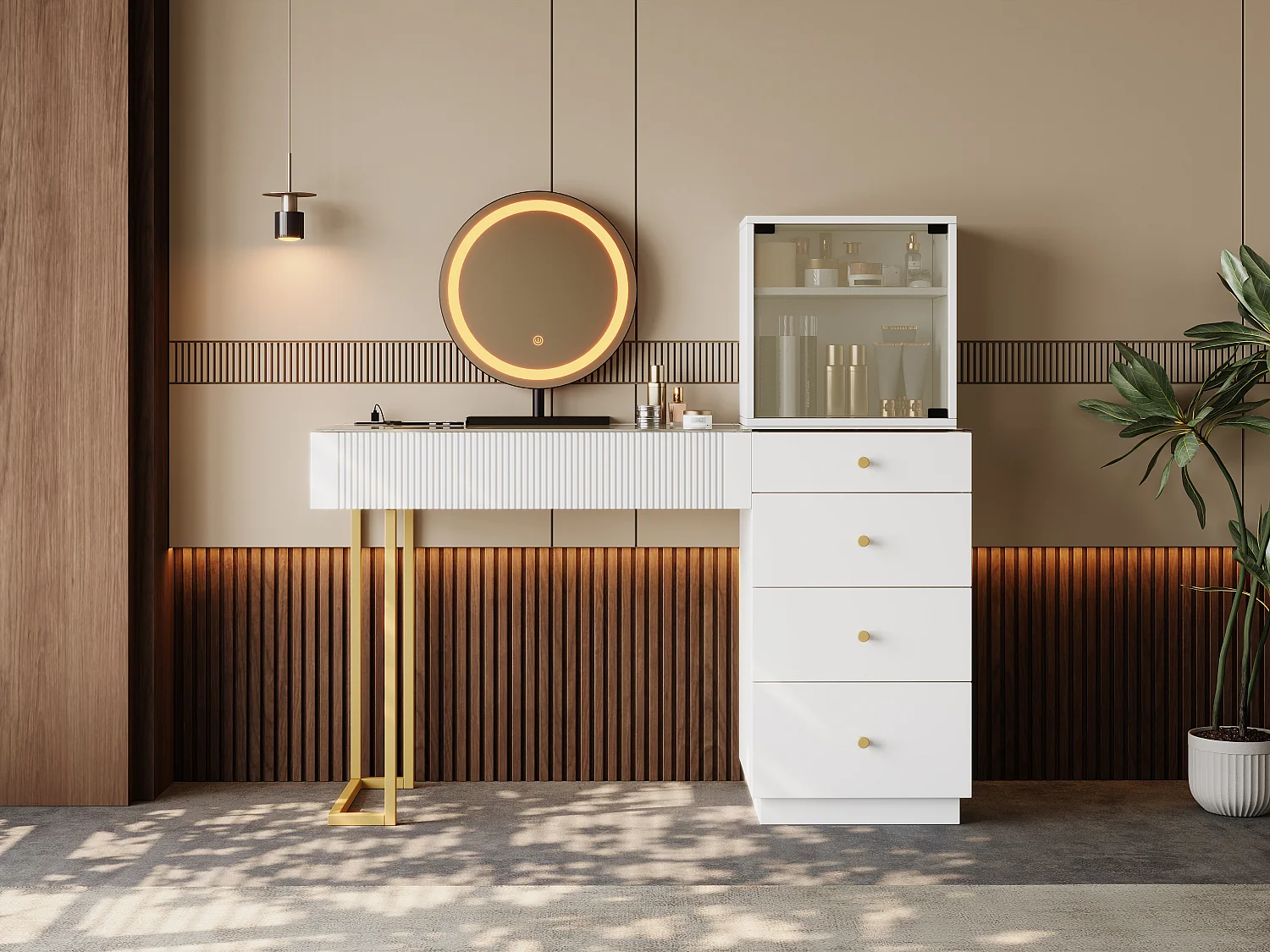 Coiffeuse avec miroir Leds - plateau en verre trempé transparent - avec 5 tiroirs - 120 x 40 x 120 cm - MDF + verre - blanc