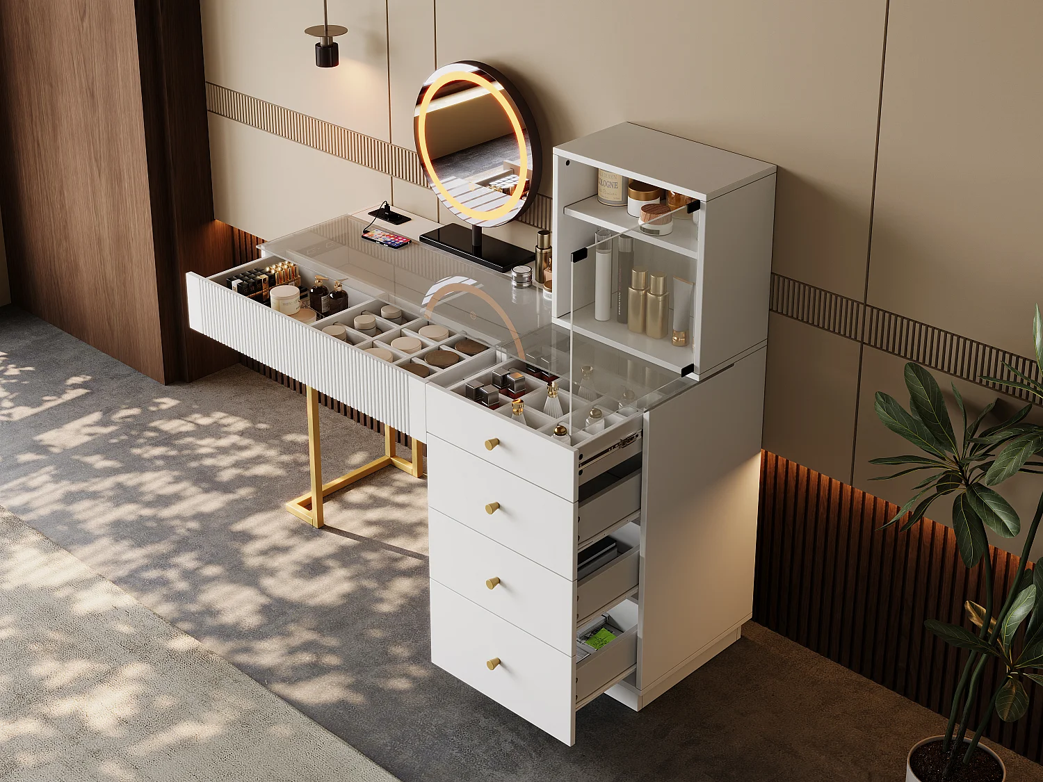 Coiffeuse avec miroir Leds - plateau en verre trempé transparent - avec 5 tiroirs - 120 x 40 x 120 cm - MDF + verre - blanc