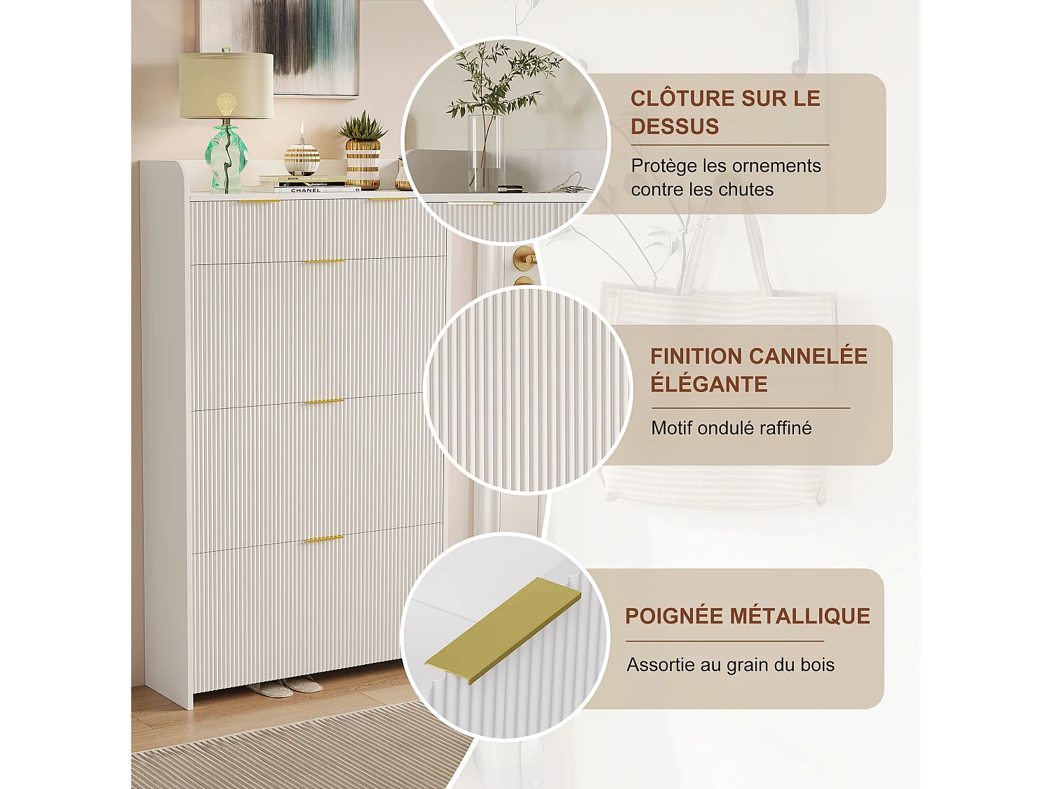 Meuble à chaussures à 3 portes et 2 tiroir, étagère à chaussures inclinable, 77 x 24 x 133,5 cm, blanc